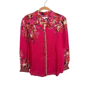 Chico's Blouse Hot Pink with Tan, Red Floral Trim Woven Womans 3/XL